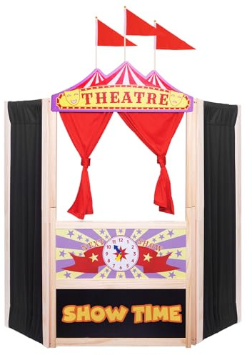 WodGod Puppet Theater,Large Size 44 Inch X 45 Inch,Wooden Puppet Theater,Double Doors with Curtains,Blackboard and Clocks,12 Piece Colorful Chalks Included