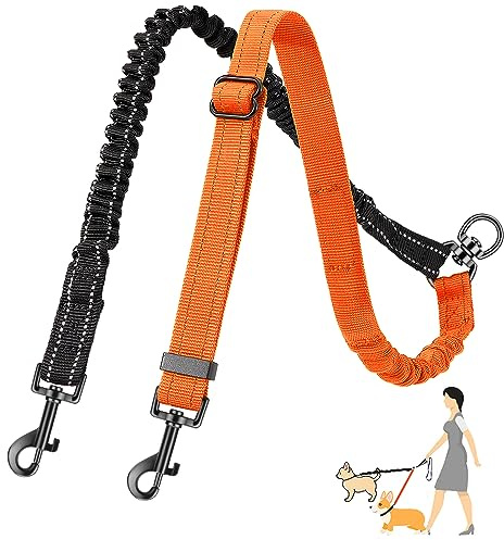 Eyein Double Dog Lead No Tangle, 360° Swivel Rotation Dual Dog Lead for Walking 2 Dogs, Adjustable Reflective Shock Absorbing Splitter Leash for Training, Small, Medium & Large Dogs(black&orange,s)