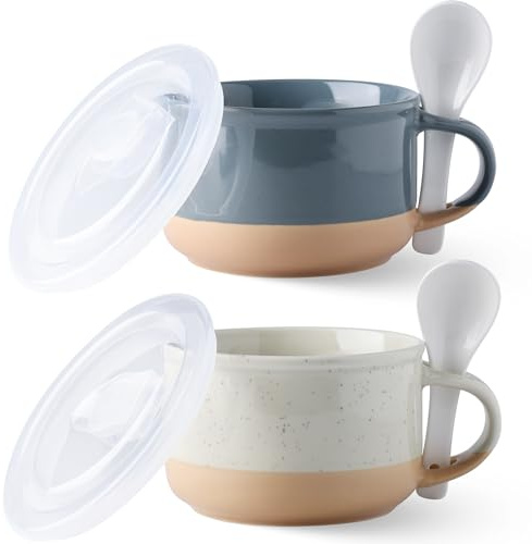 GBHOME 700 ml keramiska soppkoppar, set om 2 med handtag och lock, terrakotta undersida och sked för soppa/müsli/sallad/nudlar/ram, mikrovågsugn och diskmaskinssäker, grå och beige