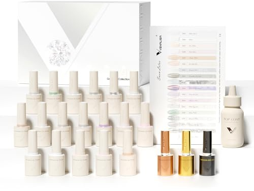 VENALISA Esmaltes Semipermanentes para Uñas 18 Color Juego de esmalte uñas UV Gel Esmalte Blanco Rosa Azul Púrpura Marrón con capa superior y base para gel salón, diseño iniciación manicura V4