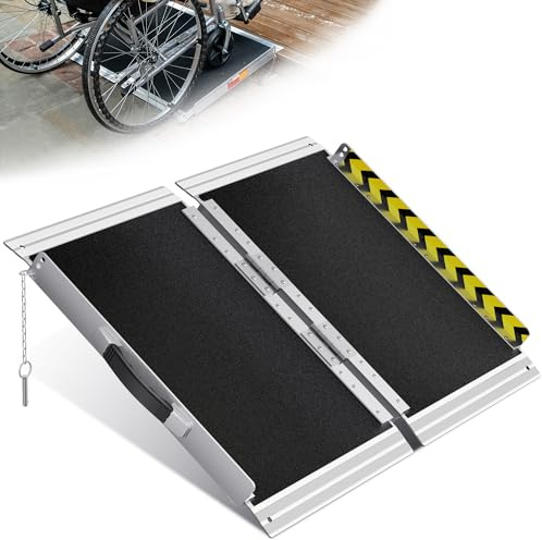 PURFINO Rampa para Silla de Ruedas 61CM, Capacidad 363KG, Rampa Plegable Antideslizante de Aluminio con Superficie de Carborundo para Escalones, Umbrales, Bordillos, Escaleras y Coches