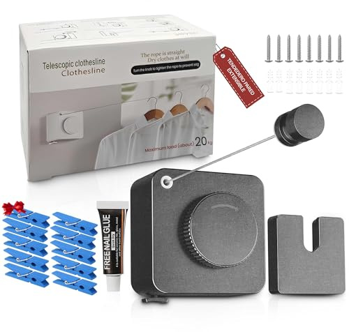 SABN STORE Pack Tendedero Extensible Pared Exterior, Incluye Kit Instalación Sin Taladro o Con Tornillos para Baño/Balcón + Kit Pladur y Set 10 Pinzas - Tendedero Pared Exterior - Tenderete Extensible