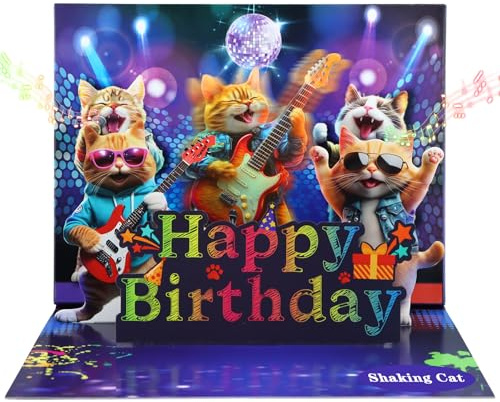 D24TIME Funny Musical Birthday Card – Shaking Cat Pop Up Birthday Card with Music & LED Lights, 3D Disco Dancing Cat Birthday Gift for Men, Women, Husband, Wife, Kids