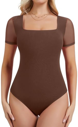 SHAPERIN Body Donna Elegante Maniche Corte Rete Patchwork Top Estivo con Scollo Quadrato T-shirt Camicia Aderente, Marrone, XL