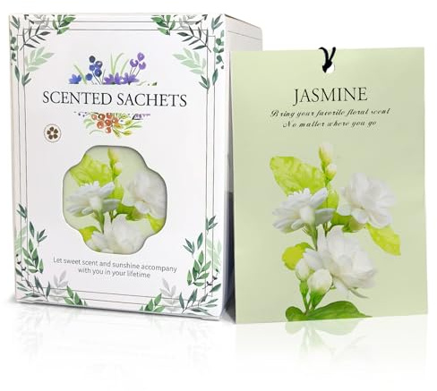 HOMELLAX Jasmine Scented Sachet Bags - 12 Pack Closet & Drawer Freshener, Long Lasting Odor Eliminator for Wardrobes, Cars & Storage, Home Fragrance Air Freshener Sachets
