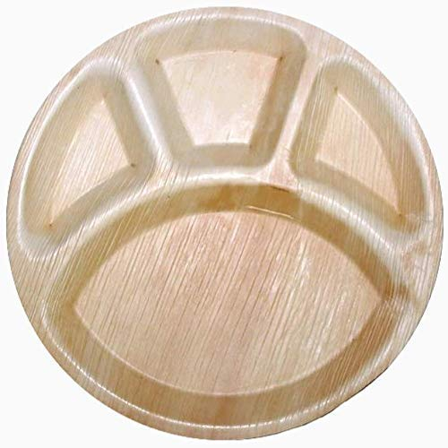 Areca Palm Leaf Eco-friendly Disposables Plates (Pack of 25 pcs) (12 Round 4 Compartments), Compostable Eco-Friendly Party Plates, Biodegradable Disposable Party Plates
