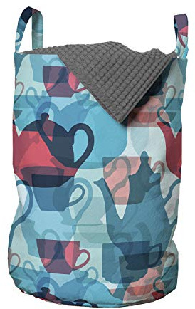 Ambesonne Tea Party Laundry Bag, Crockery Composition Abstract Overlapping Silhouettes Teapot and Cups, Hamper Basket with Handles Drawstring Closure for Laundromats, 13 x 19, Dark Coral Pale Blue