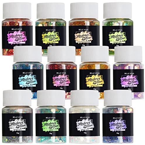 Belle Vous 12 Stk Holografisches Glitzerpulver Basteln Set - 10g X 12 Farben - Bastelzubehör Glitzer zum Basteln, Epoxidharz Pigmente, Hochzeit, Deko, Glitzerpulver Nägel/Körper/Gesicht, DIY Slime