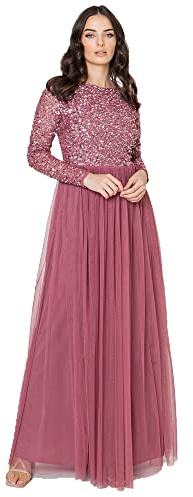 Maya Deluxe Damen Women's for Wedding Guest Plus Size Large Rich High Waist Sequins Long Sleeve Prom Evening Bridesmaid Dress, Desert Rose, 46 EU
