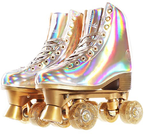 JajaHoho Roller Skates for Women, Holographic High Top PU Leather Rollerskates, Shiny Double-Row Four Wheels Quad Skates for Girls and Age 8-50 Indoor Outdoor (Size 9, Champagne Gold)