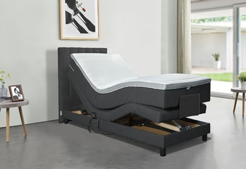 Tesla Dreams Boxspringbett Elektrisch verstellbare, Boxspringbett 90x200 Emotion, 7 Zonen Taschenfederkern-Matratze H2/H3, Topper Visco Anthrazit