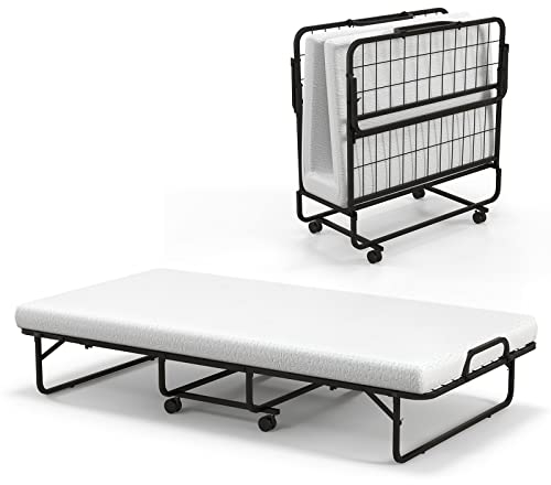 GIANTEX Gästebett klappbar, Klappbett 96x191 cm Erwachsene, Reisebett mit Matratze Memory-Foam, klappbares Bett 4 Rollen, Einzelbett mit Lattenrost Metall, Faltbett Metallbett bis 180 kg belastbar