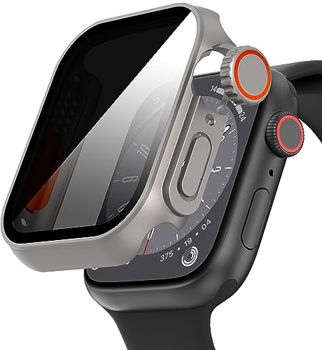 Diruite Hülle für Apple Watch Series 9/8/7 45mm Schutzhülle Anti Spy Einzigartiges Design Ultradünne PC Schutz Case Glas Displayschutz,Titanstahl(Privatsphäre),45mm