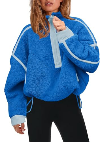 Panadila, Damen Fleece-Pullover mit halbem Reißverschluss, weich, warm und locker geschnitten, mit Taschen und kuscheligem Teddyfleece für hohen, Helles Blau, M