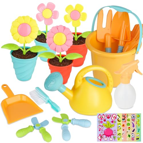 YAOZUP 24 Stück Kinder Gartengeräte Spielzeug mit Aufklebern, Gartenspielzeug Kinder, Sandspielzeug Mädchen, Kinder gießkanne Schaufel Rechen, Gartenspielzeug Set KinderGartenspielzeug ab 2 Jahr