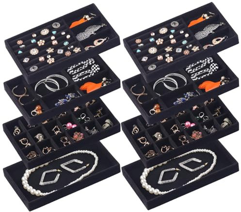 Afnkiom Plateau de rangement de bijoux, plateau à bijoux empilable en velours, lot de 8 inserts de tiroir pour femmes et filles, présentoir de bijoux pour bagues, colliers et clous d'oreilles, noir