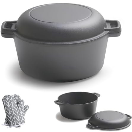 YJKKZQLB 2 in 1 Dutch Oven Cast Iron Dutch Oven Pot Skillet Cookware Pan Set 4.5L with Dual Handles Indoor Outdoor for Bread Frying Cooking Baking Camping BBQ