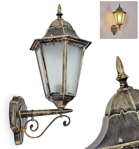 HOFSTEIN utomhusvägglampa Hong Kong, utomhusvägglampa av metall/glas i svart/guldfärger/mjölkglas/vitt, utomhusvägglampa i vintage/antik/landsbygdsdesign, trädgård, innergård, ytterdörr, E27, IP44