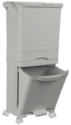 Livhome Recycling Pedal Bin with 4 Recycle Compartments, 42L Double Kitchen Bin, Dry and Wet Waste Separation, Vertical Compost Bin with Wheels, Slim Pedal Bin for Kitchen and Bathroom (Grey)