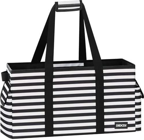 DSDCDJ Shoppingkorg vikbar 48 l – stabil shoppingväska stor med förstärkt botten – korg shopping stor picknickkorg bärkorg med handtag – perfekt för shopping, picknick, strand (ränder svart)