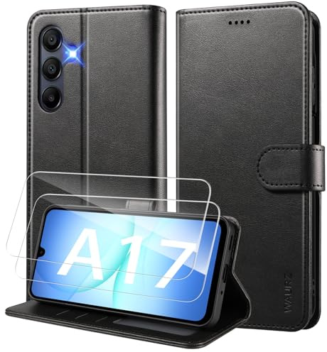 WAURZ Cover per Samsung Galaxy A17 4G/5G Custodia Cover Pelle Libro con 2 Pellicola Vetro Temperato Protezione Schermo Portafoglio Porta Carte Flip Case Antiurto Cuoio Custodia,Nero