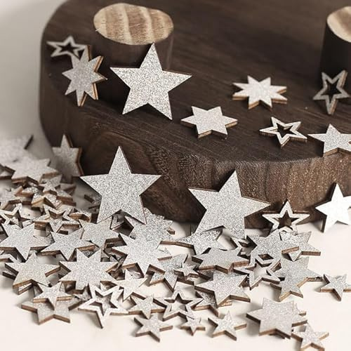 HERZWILD 116 pièces étincelantes de étoiles en bois pour le bricolage - Décoration de table Noël - Étoiles en bois - Décoration de fête - Confettis - Décoration de table petite - Décoration de Noël à