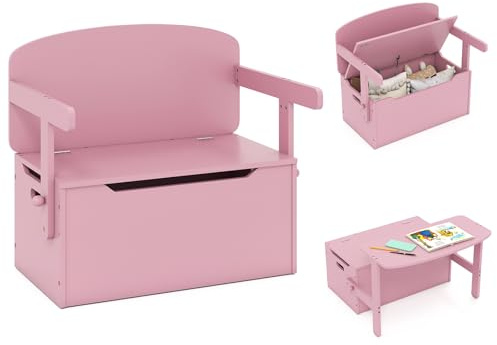 COSTWAY Wooden Toy Box, 3-in-1 Convertible Kids Bench/Desk Chair Set/Storage Chest with Lid, Multifunctional Children's Organizer Cabinet for Playroom Bedroom (Pink)