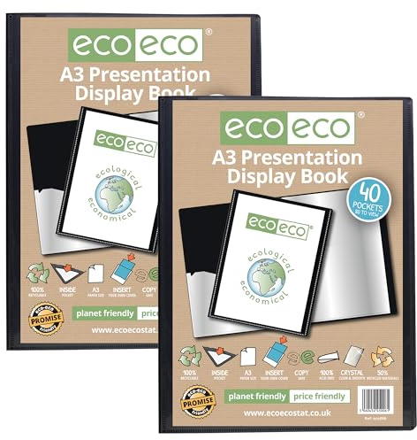 eco-eco Eco006x2 - Raccoglitore per presentazioni, formato A3, 50% riciclato, 40 tasche, colore: nero, con buste in plastica, confezione da 2