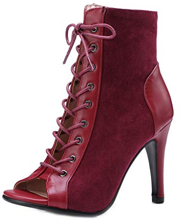 MIOKE Women's Peep Toe Dance Stilettos High Heels Sandals Fashion Sexy Lace Up Ladies Dress Pumps Ankle Booties Wine Red 8.5 M US
