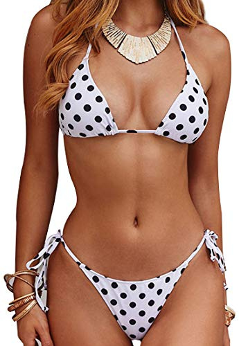 JFAN Femme Maillot de Bain 2 Pièces Triangle Bikini à Cordons Points Rayés Maillot Triangle Taille Basse Push Up Rembourré Bikini Swimwear Point Blanc M