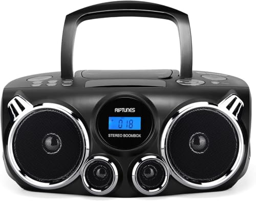 RIPTUNES Portable CD Player Bluetooth Stereo Sound, Digital AM FM Radio, MP3 CD Boombox USB SD Playback with Enhanced Bass, Aux in, Headphone Jack, CD-R/CD-RW Compatible, LCD Backlit Display, Black