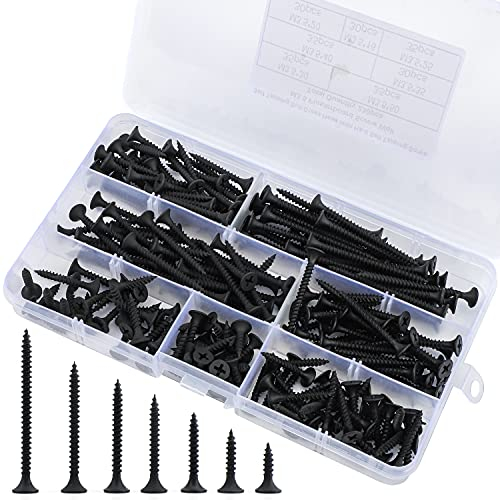 Lot de 230 vis M3,5 en 7 longueurs différentes, Coffret Visserie, vis universelles, auto-taraudeuses, cruciformes, tête fraisée, filetage plein pour cloison sèche, bois, charnière (noir)