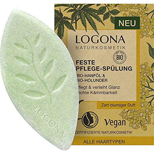 LOGONA Naturkosmetik Feste Spülung für mehr Glanz und natürlich gesundes Haar, Conditioner Bar mit veganer Formel aus Bio Hanf und Bio Holunder, 1 x 60 g