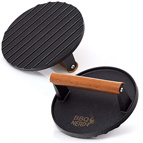 BBQ Nerd© Köttpress av gjutjärn med trähandtag 18 cm rund kötttung hamburgerjärn grillpress grillvikt för BBQ kött, hamburgare patties, bacon, ost, smörgåsar etc.