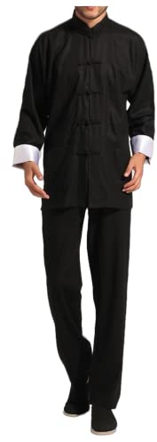 Bon amixyl Completo Uomo Tai Chi Giacca Cinese Uomo Abbigliamento Camicia Tai Chi Kung-Fu Camicia Qi Gong in Cotone e Lino, Nero , XL