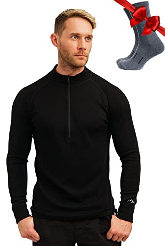 Merino.tech Maglione Lana Merino Uomo Mezza Zip - Intimo Termico Lana Merino Leggero, Medio, Pesante e Calzini (X-Large, 250 Black)