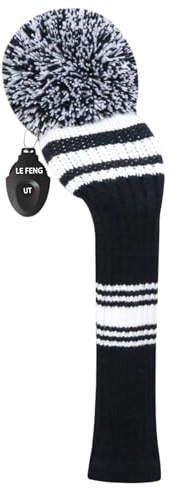 LeFeng - 1 funda de palo de golf, cubierta de cabeza de golf de punto para palo de golf de 460 cc e híbrido con bonito pompón y etiqueta de número (rayas blancas y negras, para híbrido)
