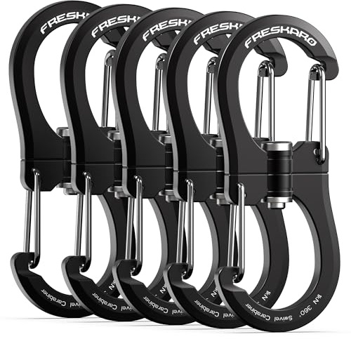 FresKaro 1kN Swivel Carabiner Clip, Heavy Duty Double-Ended Wire gate Carbineers, Small Non Locking Carabiners for Keys, Keychain, Hiking, Camping, Golf Bag, Water Bottle, Backpacking, Black, 5pcs