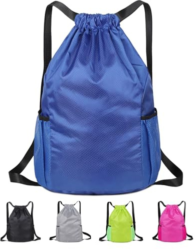 Drawstring Bag, Unisex Large Sports Backpack String Drawstring PE Bags, Sport Gym Sack have Two Side Pockets, Waterproof Travel Beach Swim School Bag