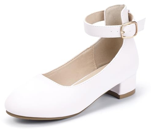 Hehainom Girls Dress Shoes Ankle Strap Flower Girl Heels for Little Big Kids Heels Wedding Church Party Communion Shoes(White Pu 5 M US Big Kid)