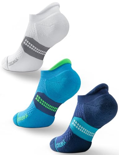 Juclise Coolmax Bamboo Viscose Compression Tab Running No Show Socks Men Moisture Wicking Cushioned Anti-Blister (US, Alpha, Medium, Regular, Glacier White+Cobalt Blue+Azure Blue)