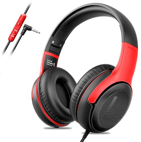 Auriculares infantiles con cable para escuela y viajes, PC y tableta, 85/94 dB, sonido estéreo, plegables para compartir audio, color negro y rojo