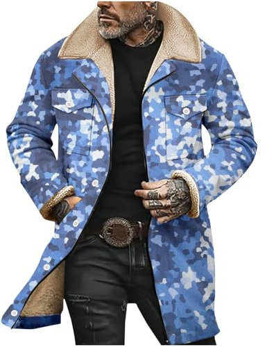 Generisch Men's Spring and Autumn Winter 3D Printing Casual Loose Large Size Long Plus Velvet Warm Button Hidden Zipper Camouflage Coat Cotton Jacket Fahrrad Mantel 26 (Blue, XXL)