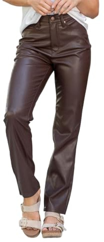 Pantalones de piel sintética de mujer, rectos, de cintura alta, de pierna larga, pantalones veganos de cuero para negocios, conjuntos de pantalones para mujer, marrón, L