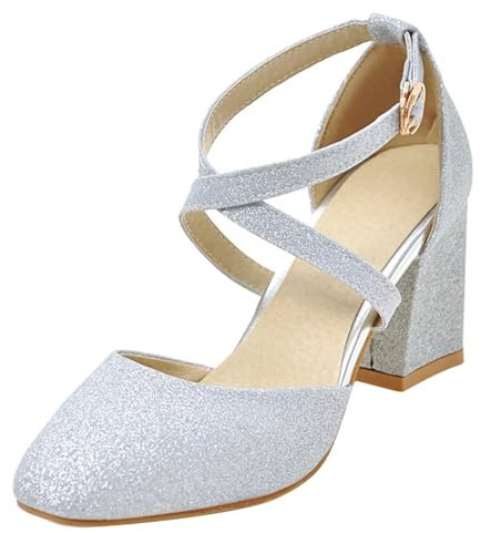 HSyc JRX dam glitterpumps med ankelrem och 7 cm blockklack höga klackar remmar skor, silver, 40 EU