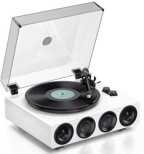 1 by ONE All-in-One Record Player with Wireless Input, High Fidelity Belt Drive Turntable with Built-in Speakers, Magnetic Cartridge AT-3600L, Built-in Preamp, Piano Lacquer White