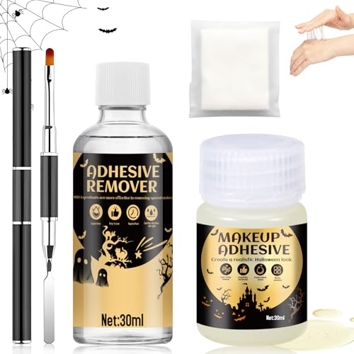 Colle Maquillage Visage, 30ml Colle Visage Halloween+30ml Colle Maquillage Dissolvant, Colle Latex Visage pour Halloween, Carnaval, Fête, Théâtre, Jeu de Rôle, Adhésif Puissant, Tombe Pas Facilement