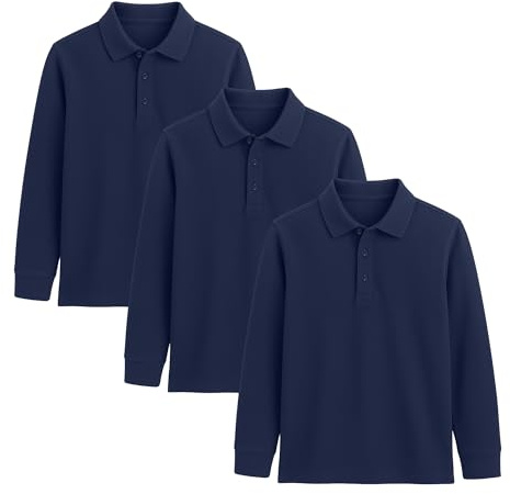 DELLMOOR Pojkar skolpolotröjor normal passform 100 % bomull långärmade skoltröjor för barn, bekväma, eleganta och klassiska designavslappnade polotröjor ålder 7-12 år, Marinblå 3-pack, 11 år