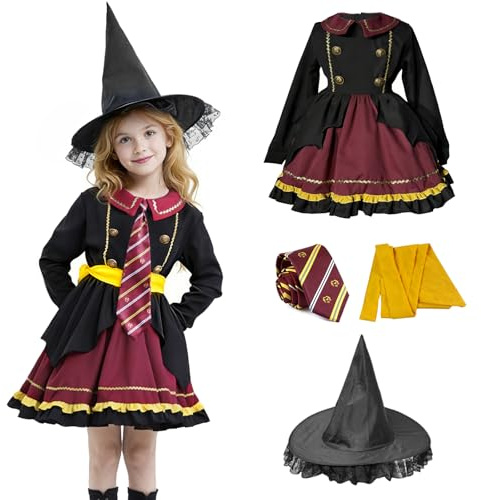 Costume Sorcier Enfant Adulte, Costume Sorcière - Sorcier Chapeau, Jupe Lolita, Ceinture, Cravate, Costumes de Films Fantastiques Classiques, Déguisement Magicien pour Carnaval Halloween Parti Cosplay