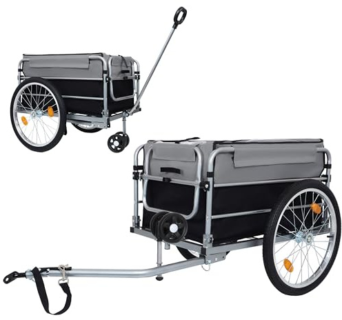 Aluminum Bicycle Trailer, Foldable Bike Cargo Trailer with Universal Hitch, Removable Oxford Fabric Cover, Bicycle Trailers Folding, for Camping, Groceries, 220 LBS Load Capacity, Black+Gery